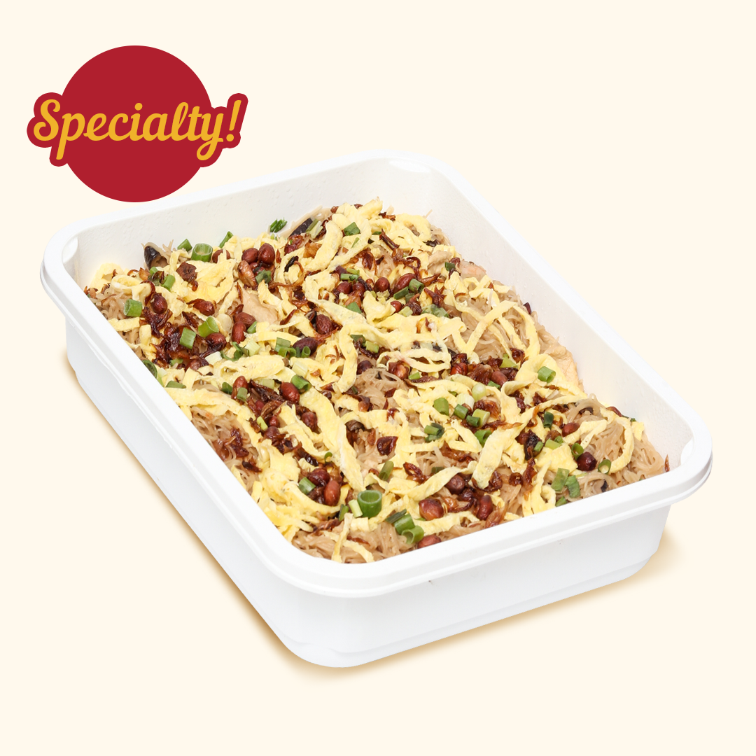 Little Beijing Cha Misua party tray — specialty Chinese birthday noodles with egg strips, peanuts, and spring onions, served in a large takeout tray for 10–12 pax.